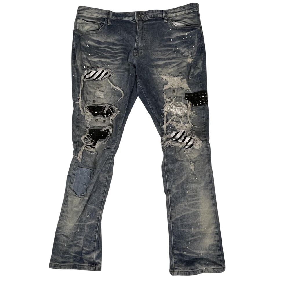 Smoke Rise Jeans Mens 44x32 Blue Distressed Ripped Studded Paint Splatter Punk